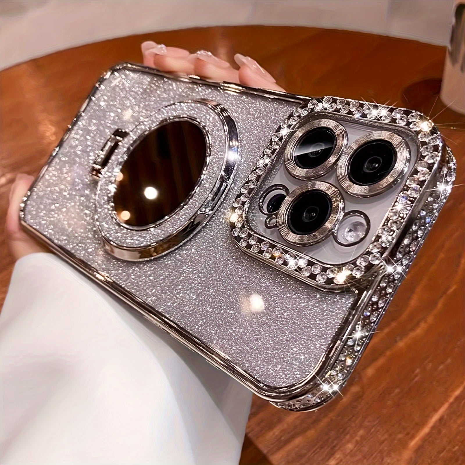 New Luxury Premium Flash Double Row Diamond Mirror Magnetic Stand Full Lens Phone Case for Apple iPhone 16 15 Promax 14 Plus 13 Pro 12 11 Pro Max/Niche Transparent Anti-drop Soft Adhesive Protection Back Cover/boyfriend And G
